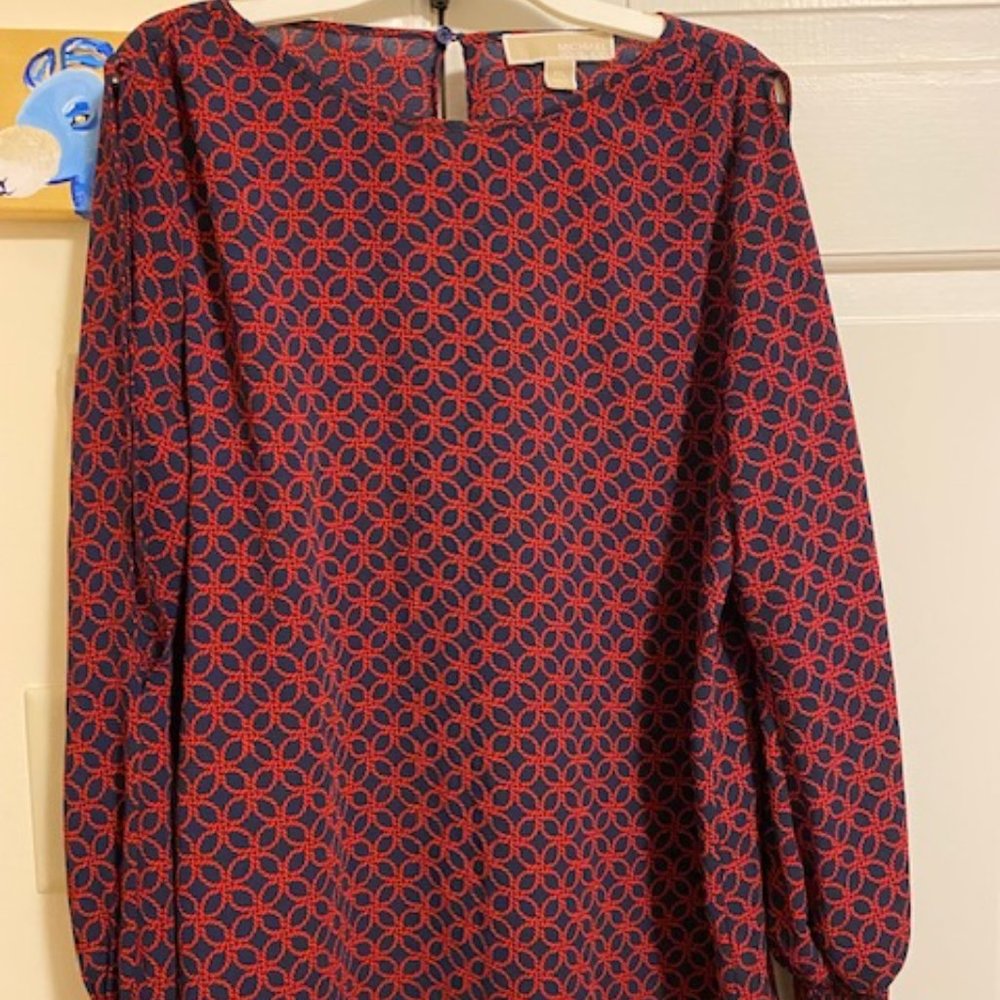 Michael Kors Woven Navy Red Status Print Blouse Cold Shoulder Petite Large